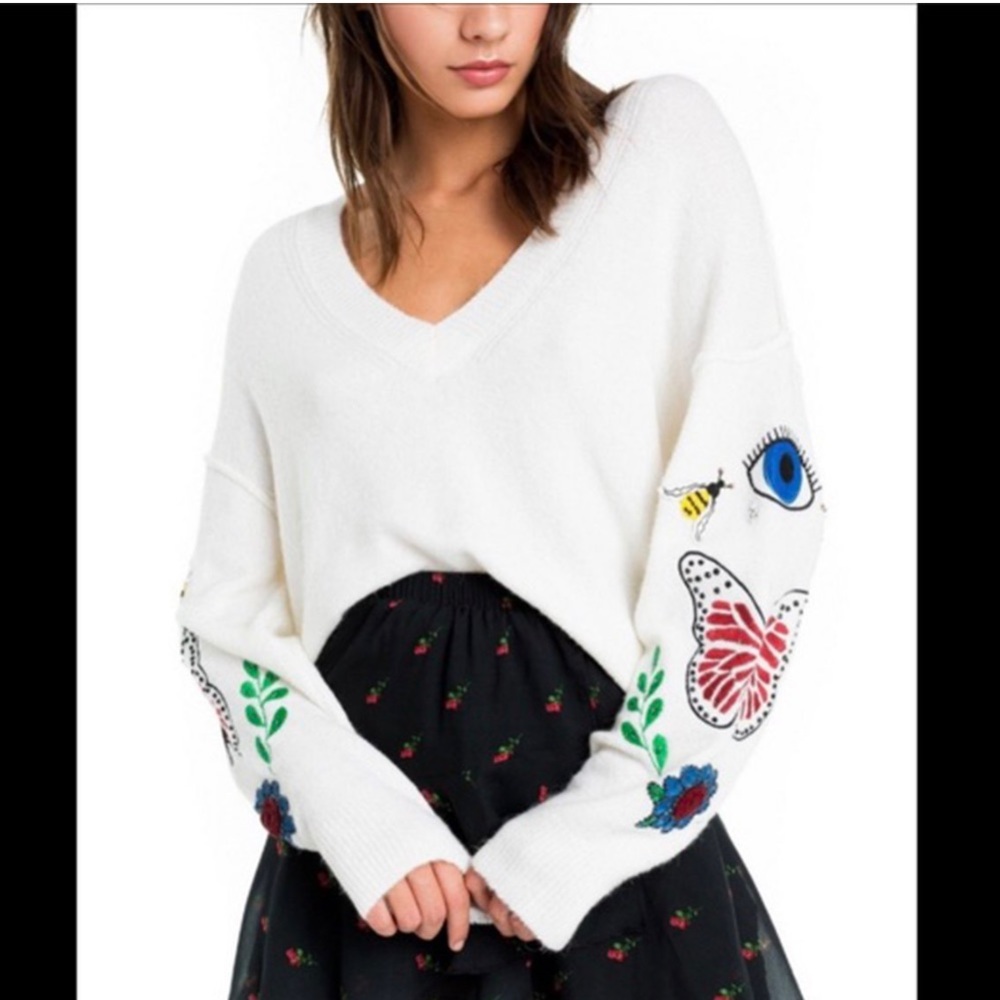 Wildfox Embroidered Tattoo Sweater Eye Ivory Sz S